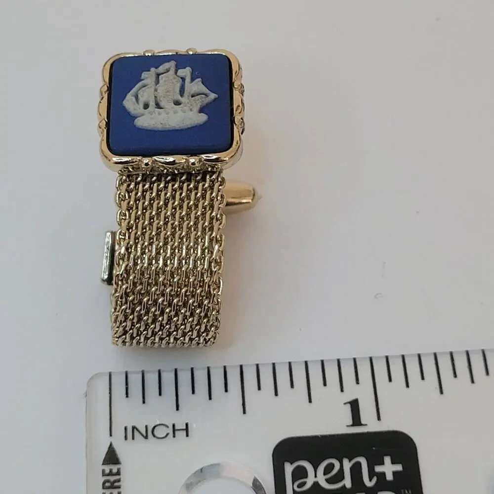 Wedgwood Jasperwear Cufflinks Set Gold Blue Tone Sailboat Ship England Square